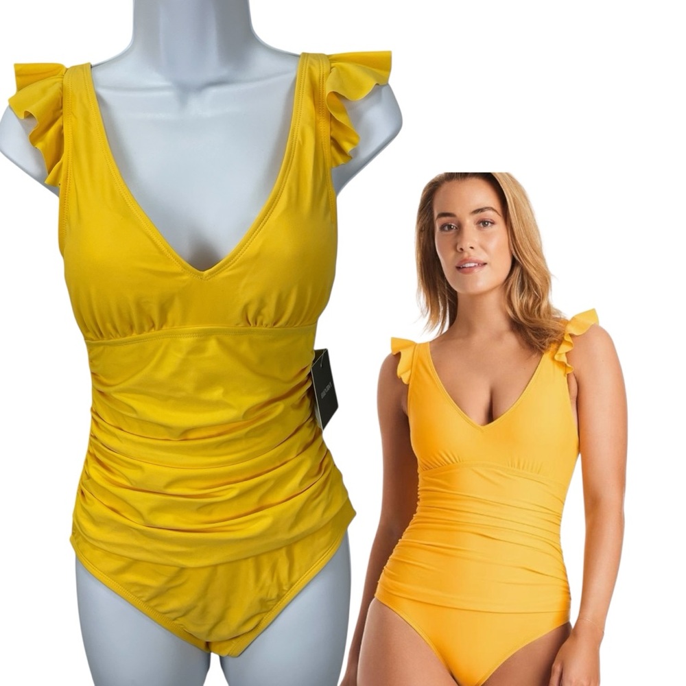 Ellen Tracy Womens Yellow Flutter Sleeve 1 Piece Bathing Suit Size 8 NWT